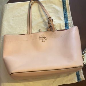 Tory Burch pebbled leather pale pink tote.
